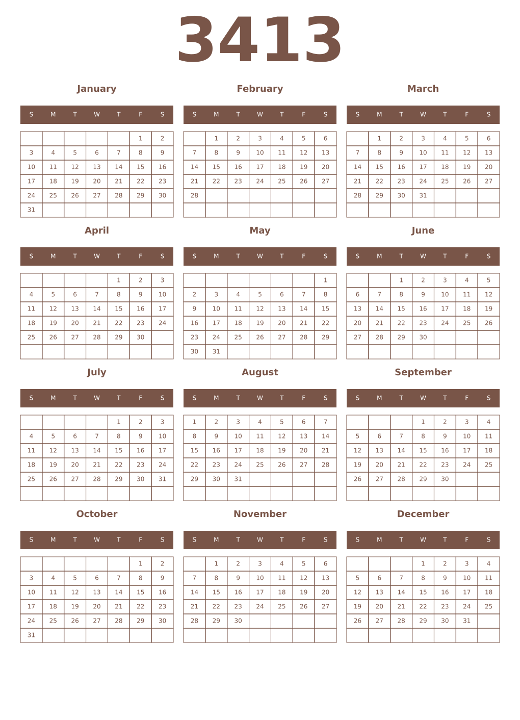 Printable 3413 Year Calendars coffe
