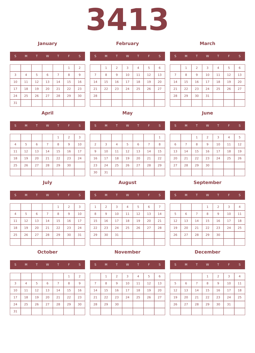 Printable 3413 Year Calendars cordovan