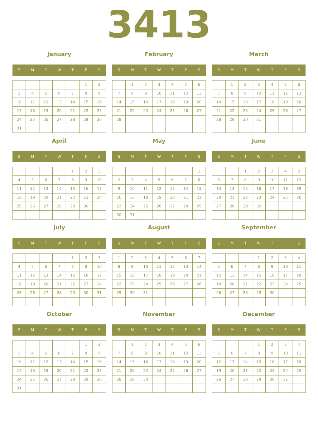 Printable 3413 Year Calendars eburnean