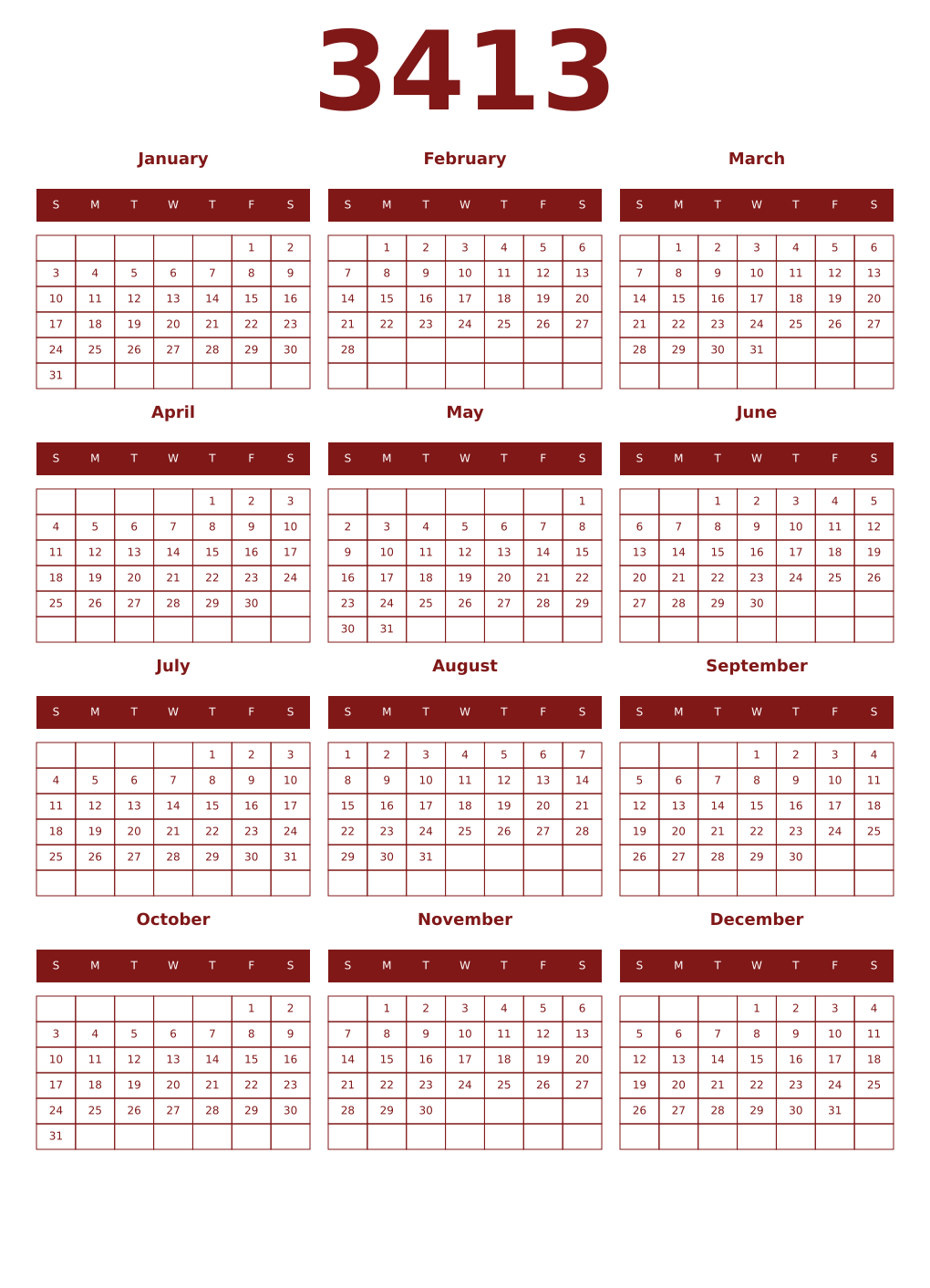 Printable 3413 Year Calendars falu