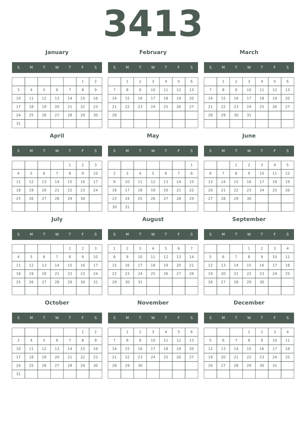 Printable 3413 Year Calendars feldgrau