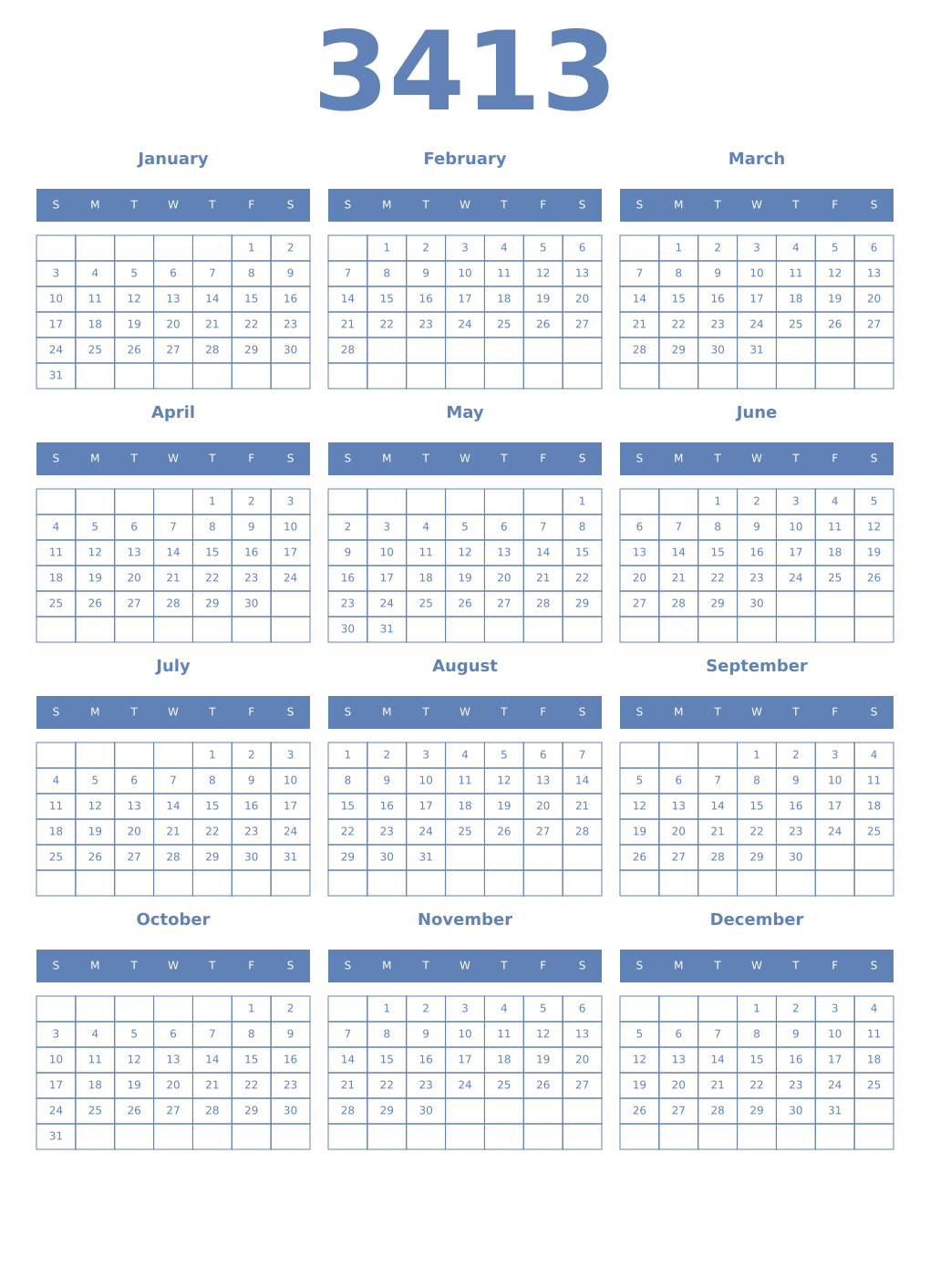 Printable 3413 Year Calendars glaucous