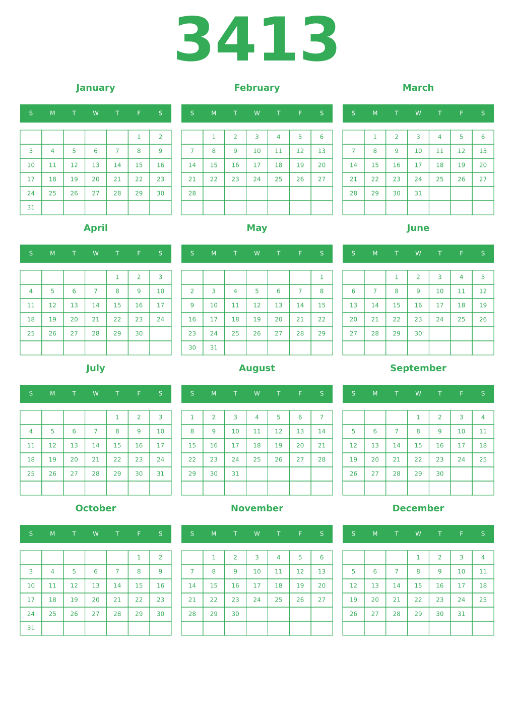 Printable 3413 Year Calendars green