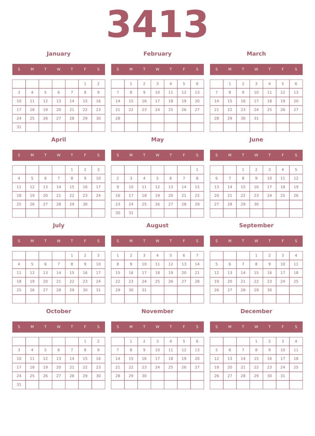 Printable 3413 Year Calendars puce