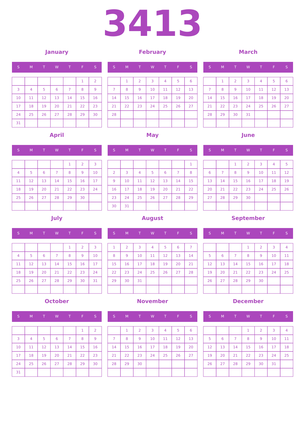 Printable 3413 Year Calendars purple