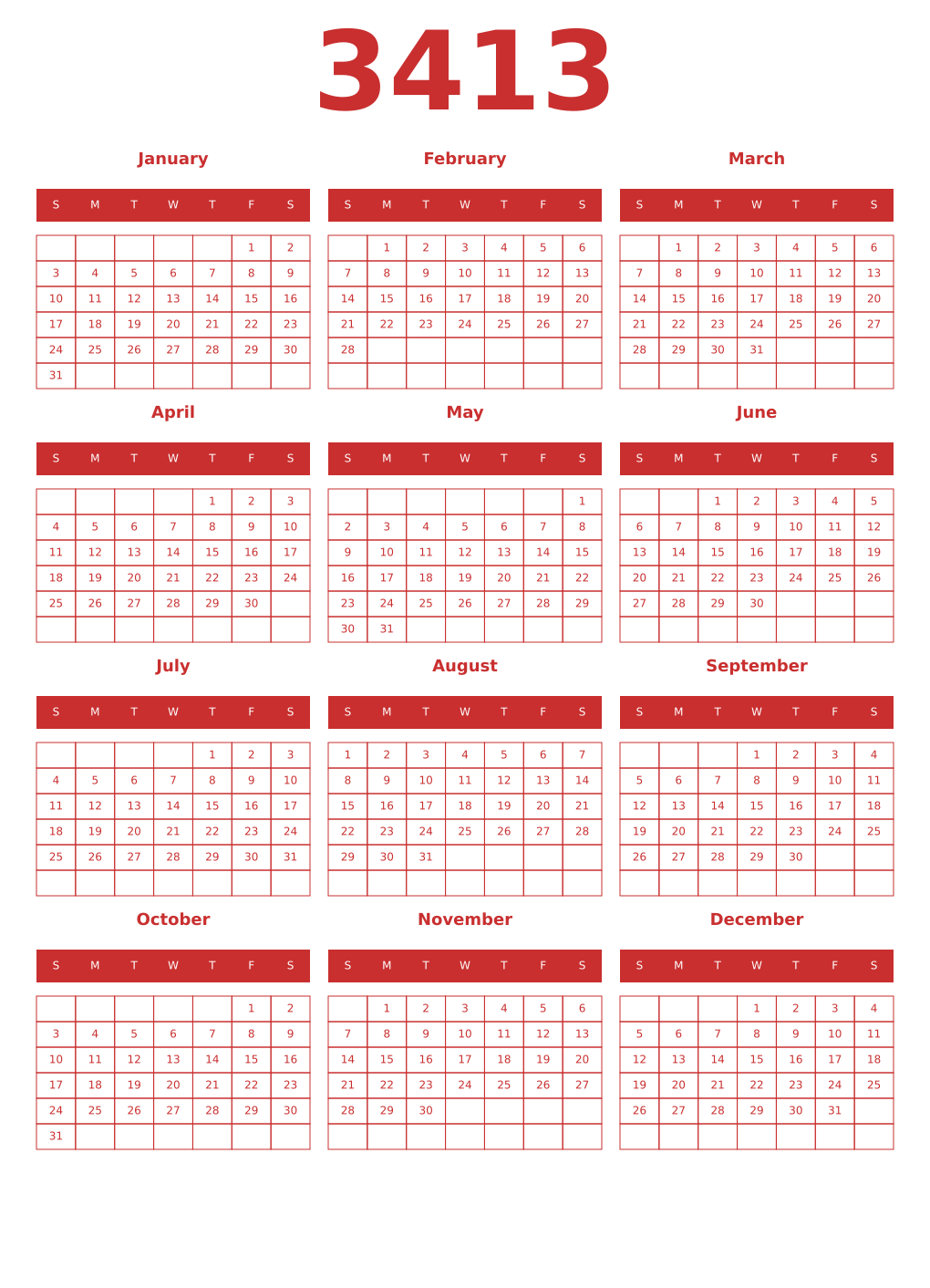 Printable 3413 Year Calendars red