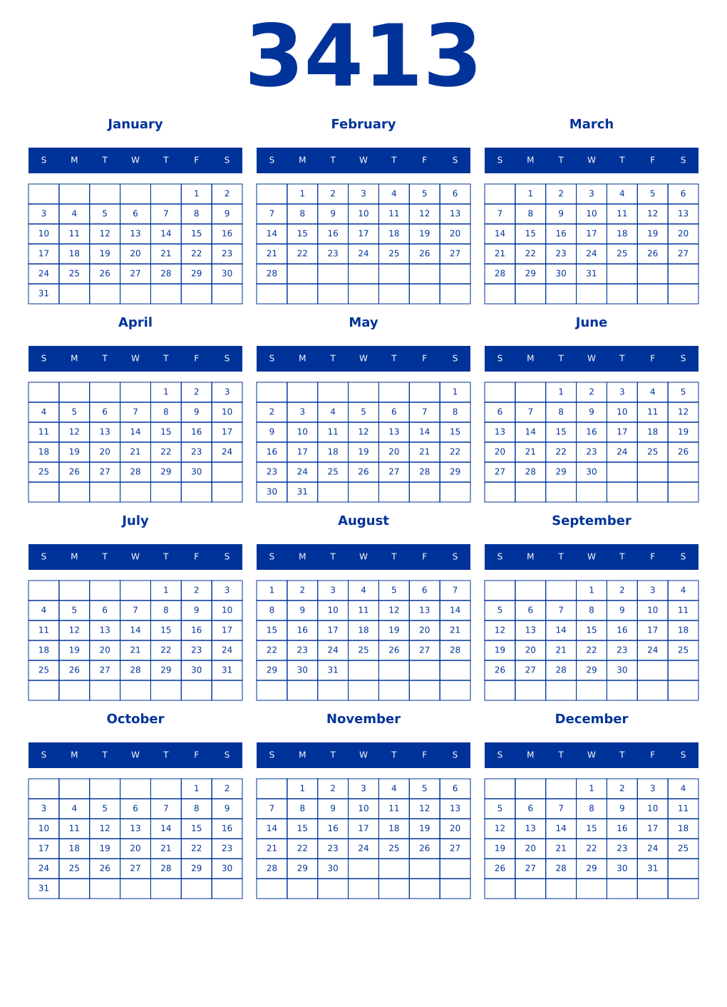 Printable 3413 Year Calendars smalt