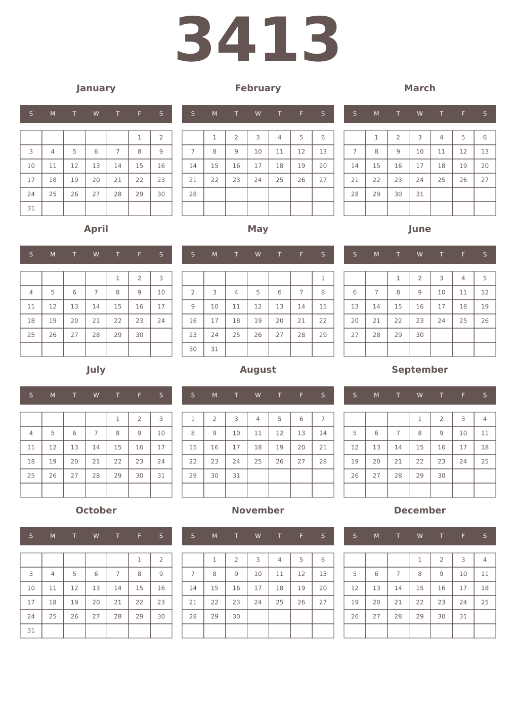 Printable 3413 Year Calendars wenge