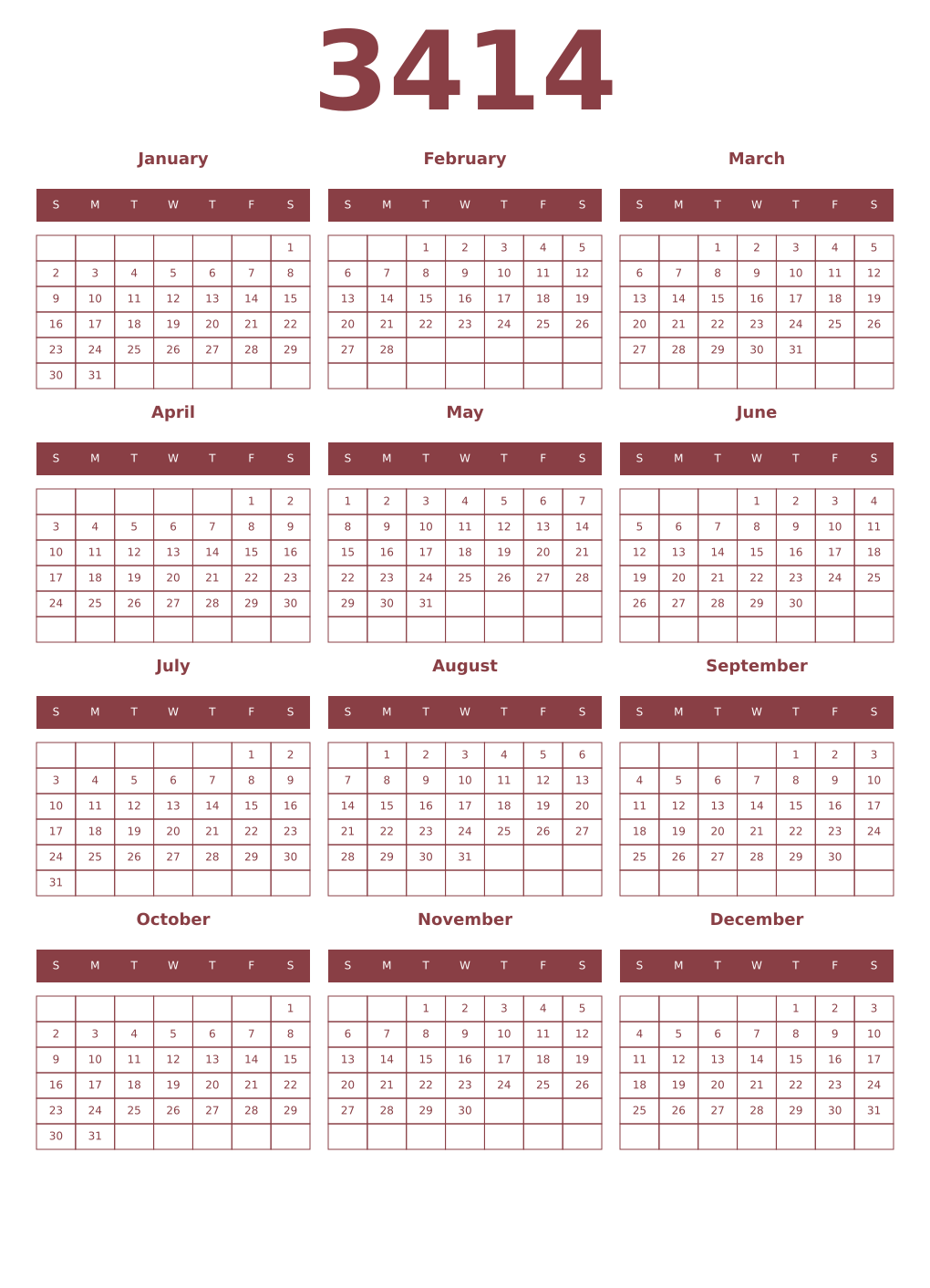 Printable 3414 Year Calendars cordovan