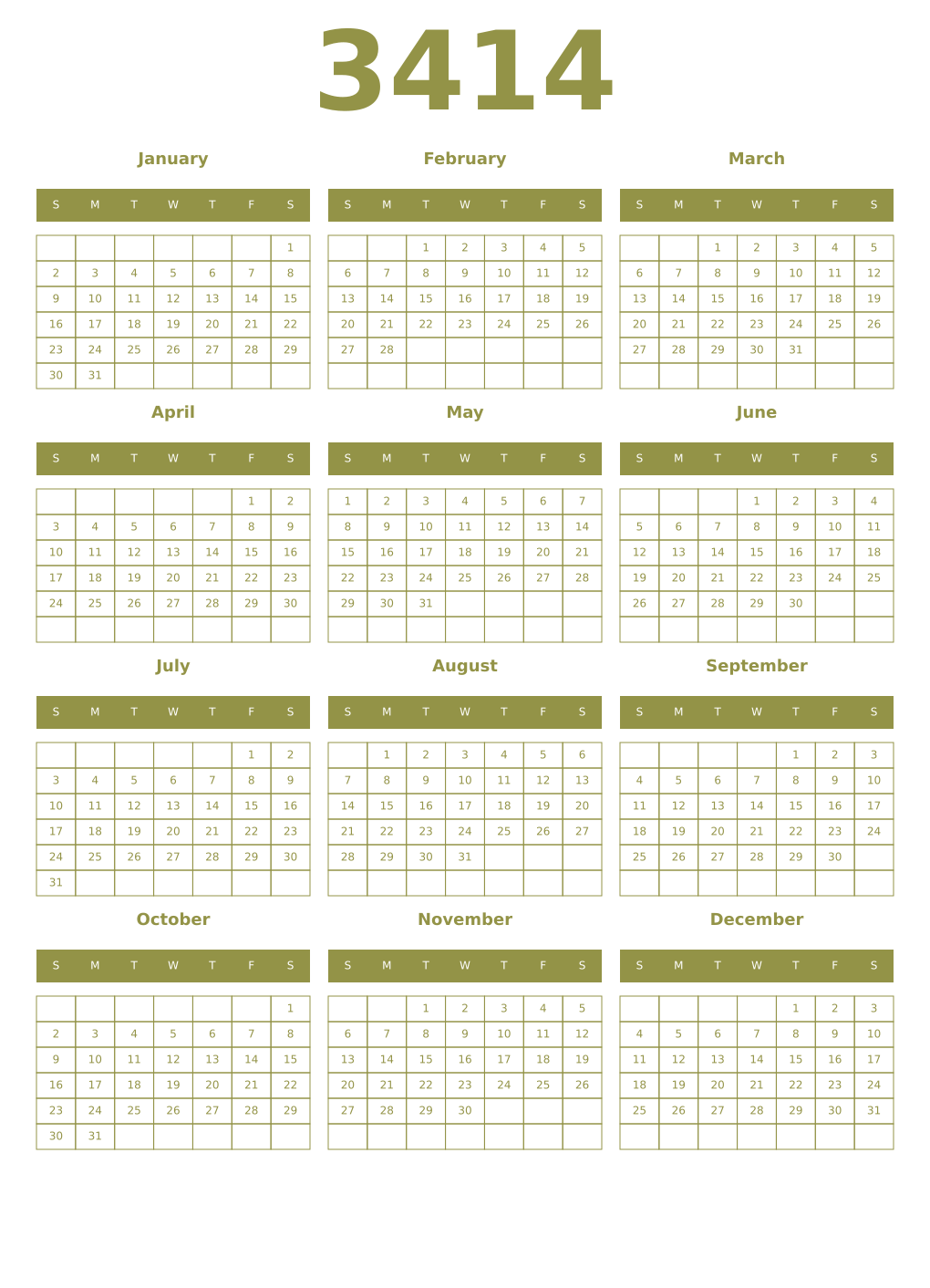 Printable 3414 Year Calendars eburnean