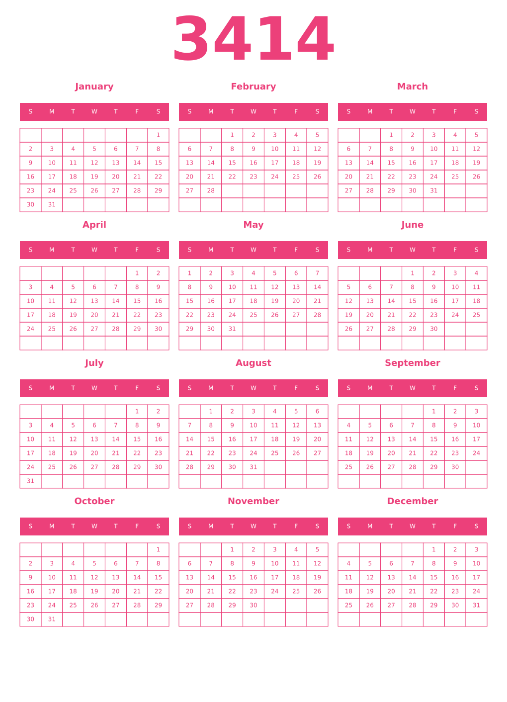 Printable 3414 Year Calendars pink