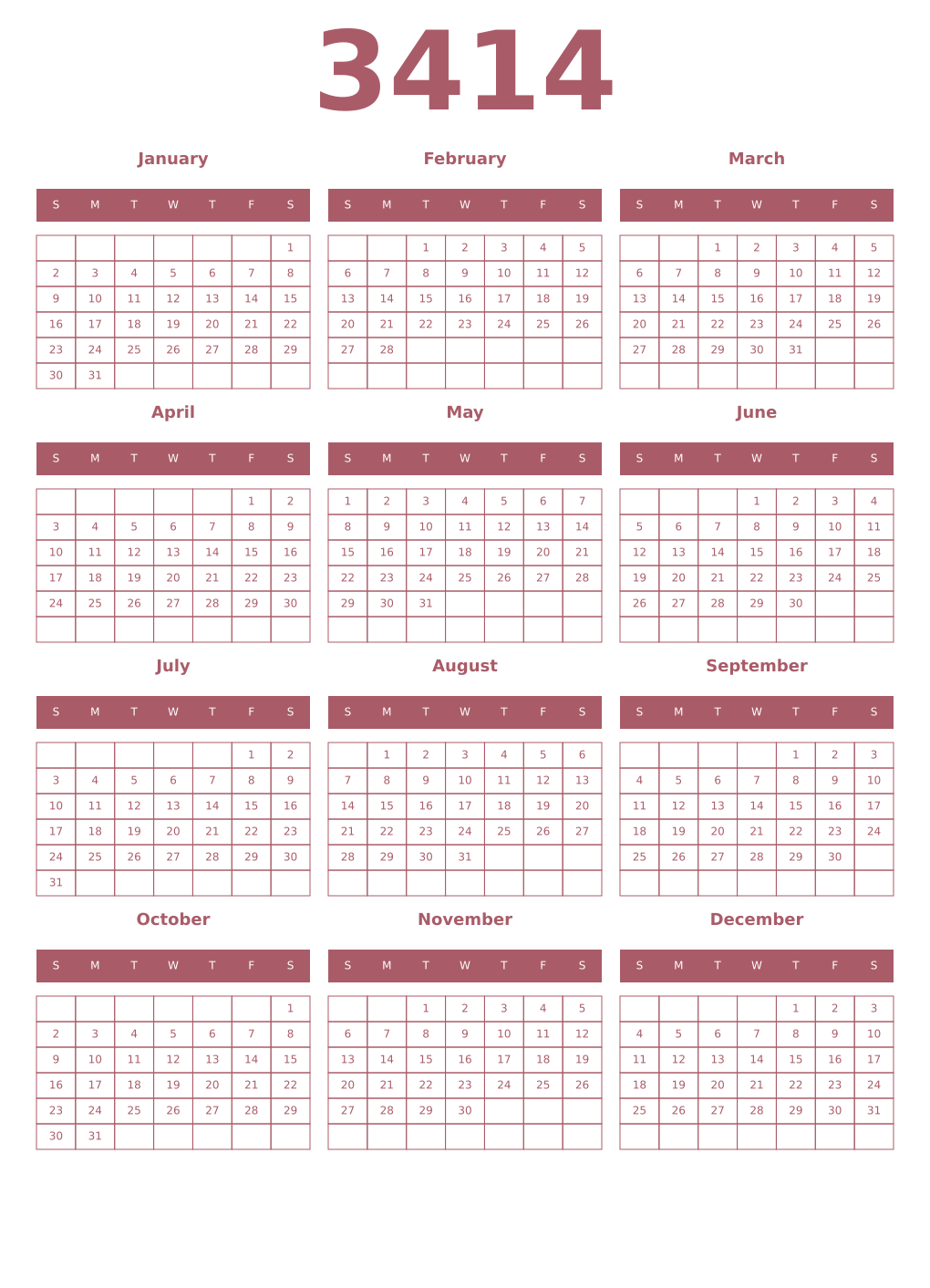 Printable 3414 Year Calendars puce