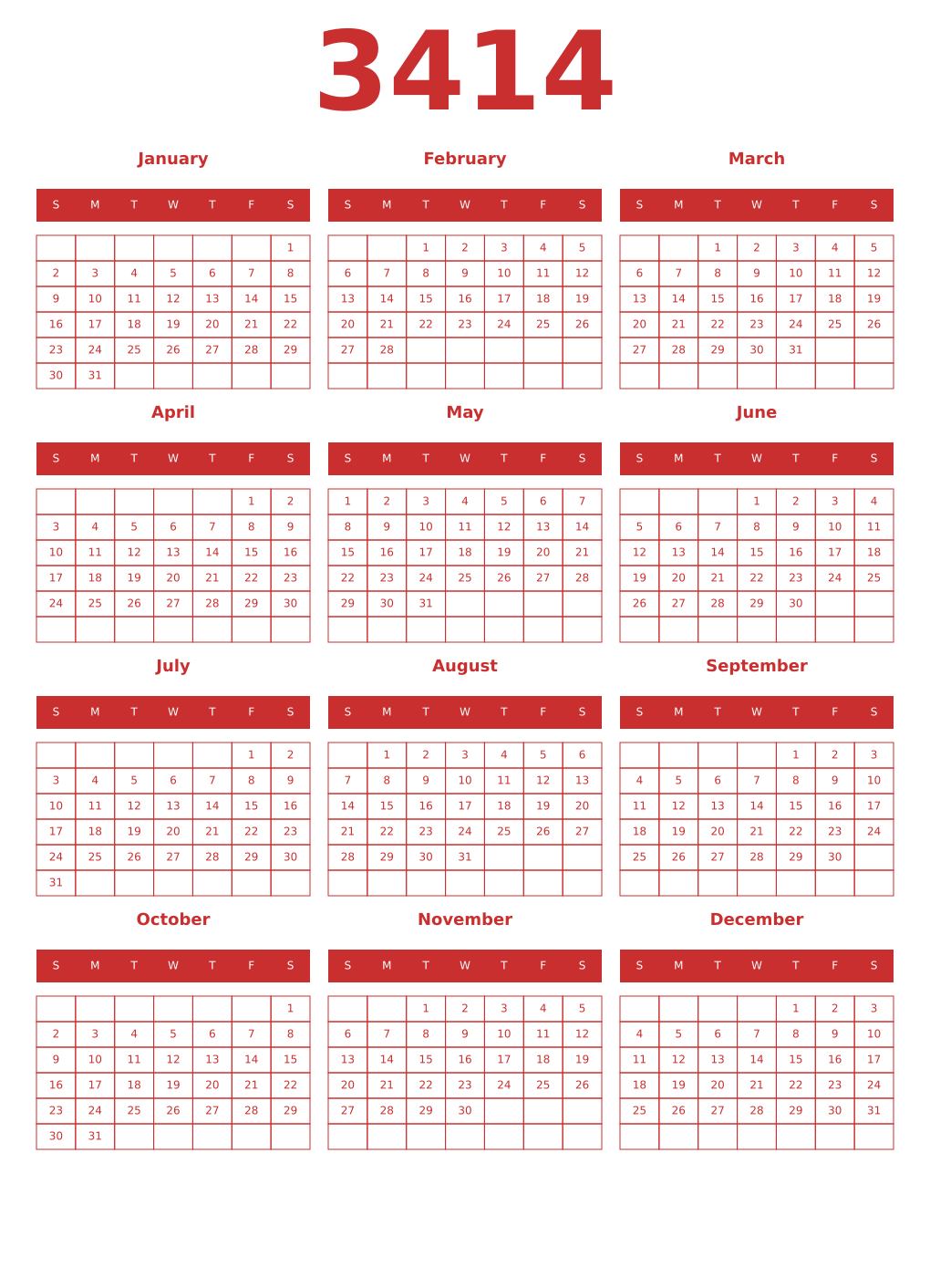 Printable 3414 Year Calendars red