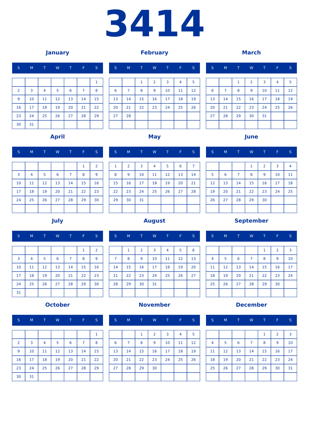 Printable 3414 Year Calendars smalt