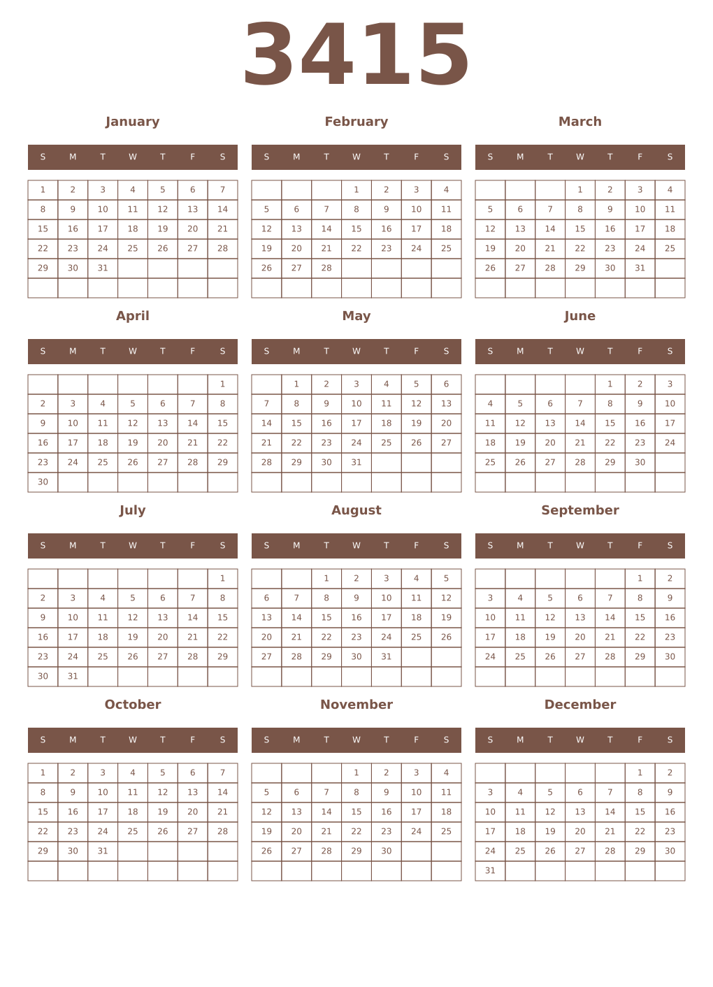 Printable 3415 Year Calendars coffe