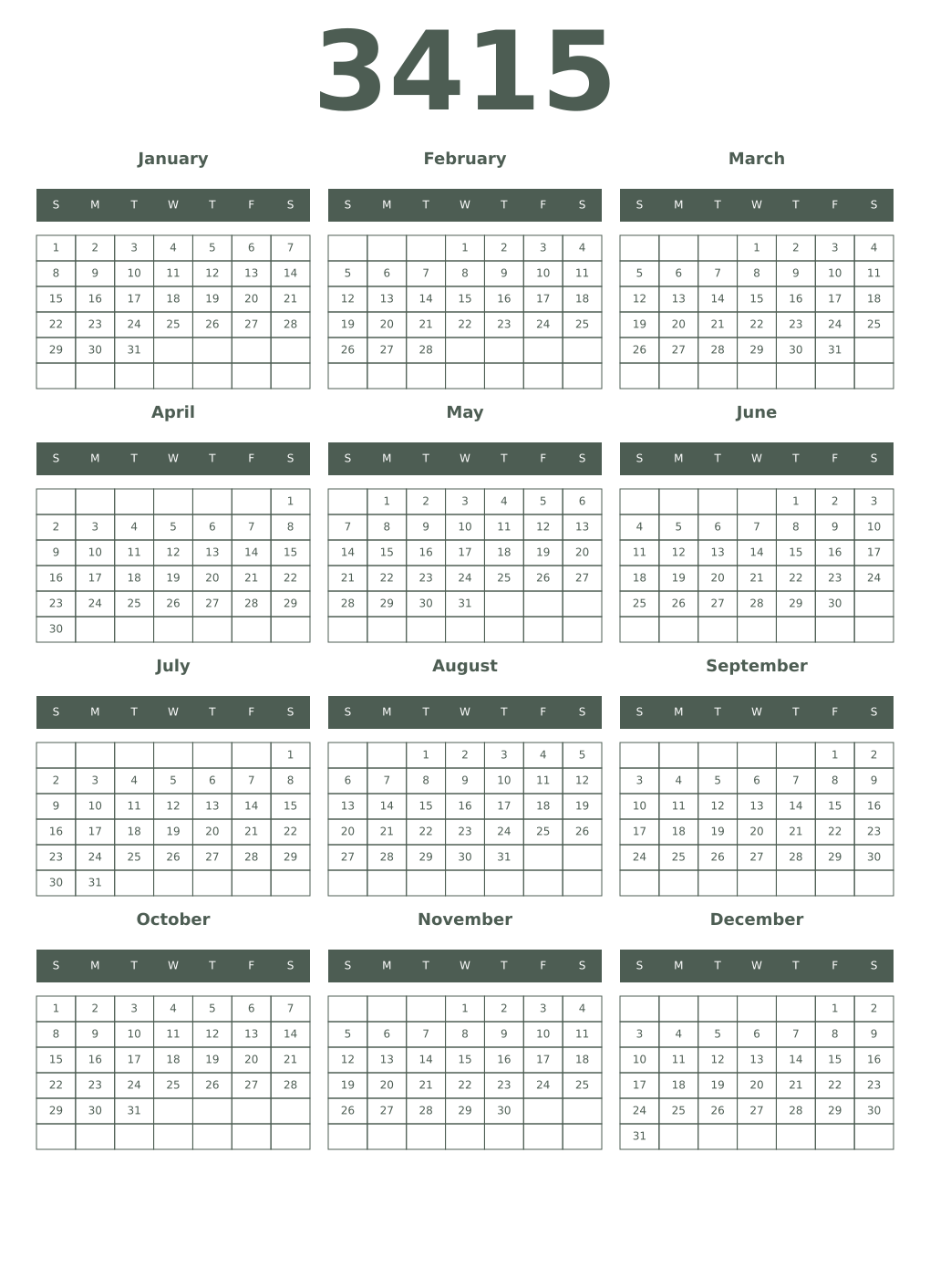 Printable 3415 Year Calendars feldgrau
