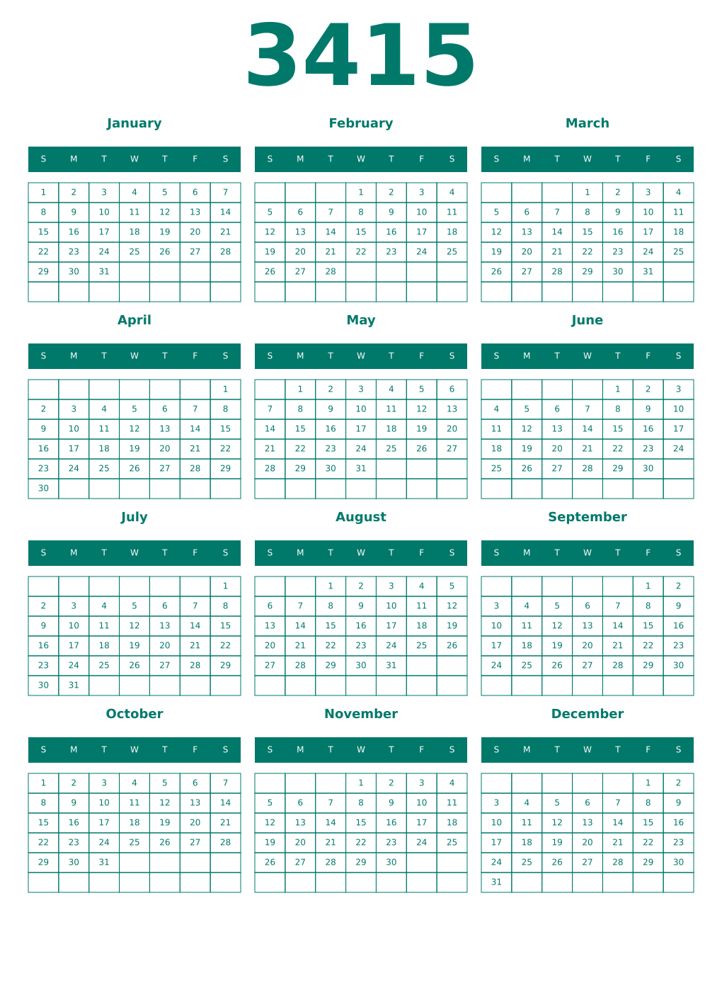 Printable 3415 Year Calendars pastel