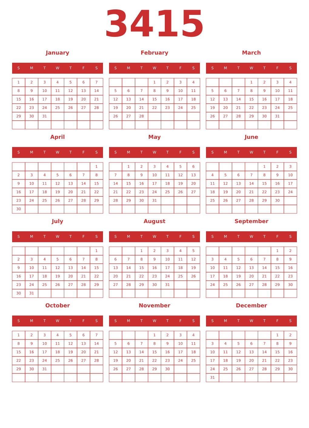 Printable 3415 Year Calendars red