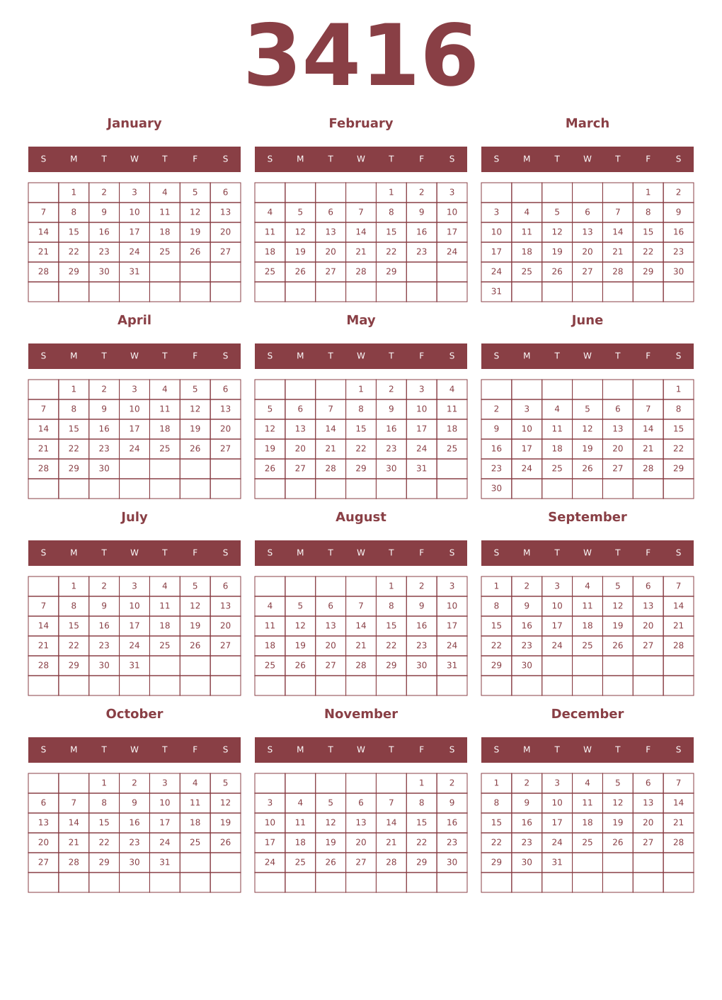 Printable 3416 Year Calendars cordovan