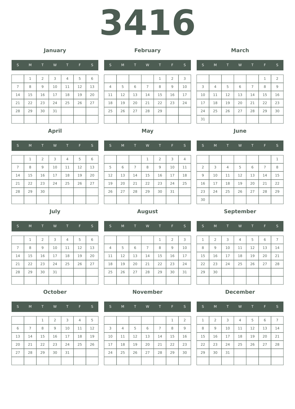 Printable 3416 Year Calendars feldgrau