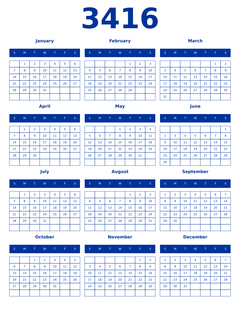 Printable 3416 Year Calendars smalt