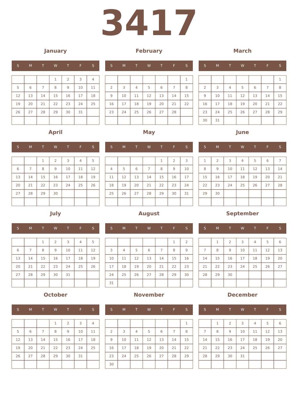 Printable 3417 Year Calendars coffe