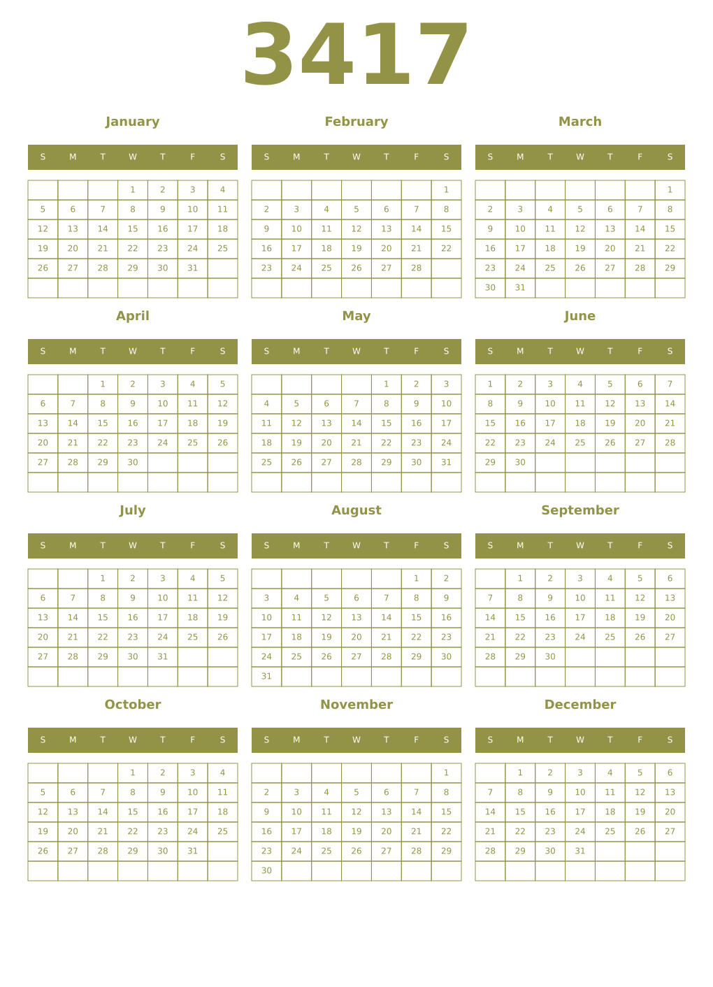 Printable 3417 Year Calendars eburnean