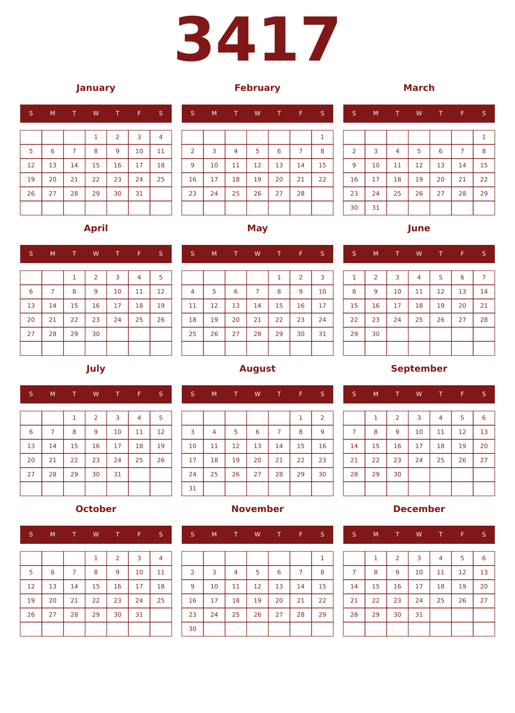 Printable 3417 Year Calendars falu