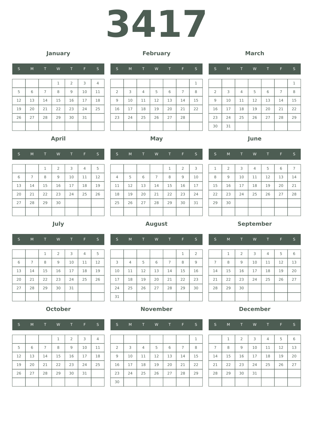 Printable 3417 Year Calendars feldgrau