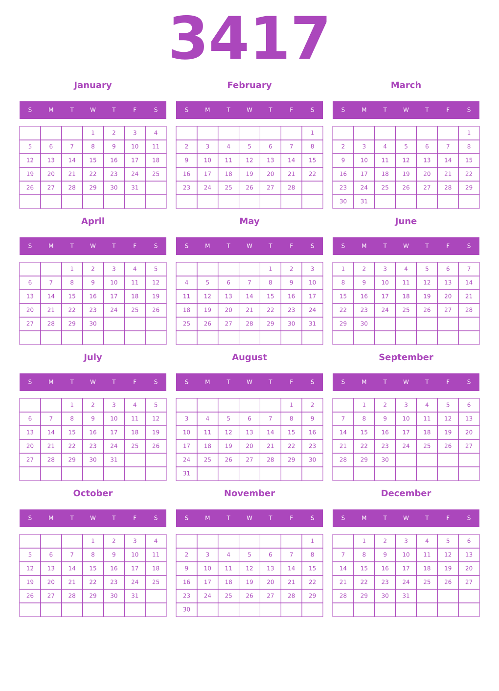 Printable 3417 Year Calendars purple