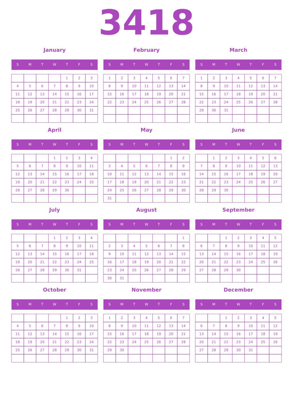 Printable 3418 Calendars