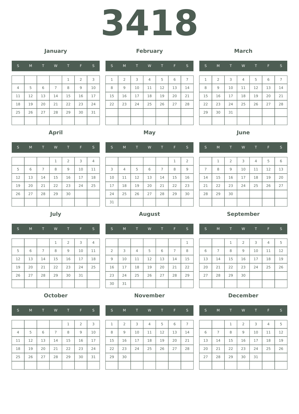 Printable 3418 Year Calendars feldgrau