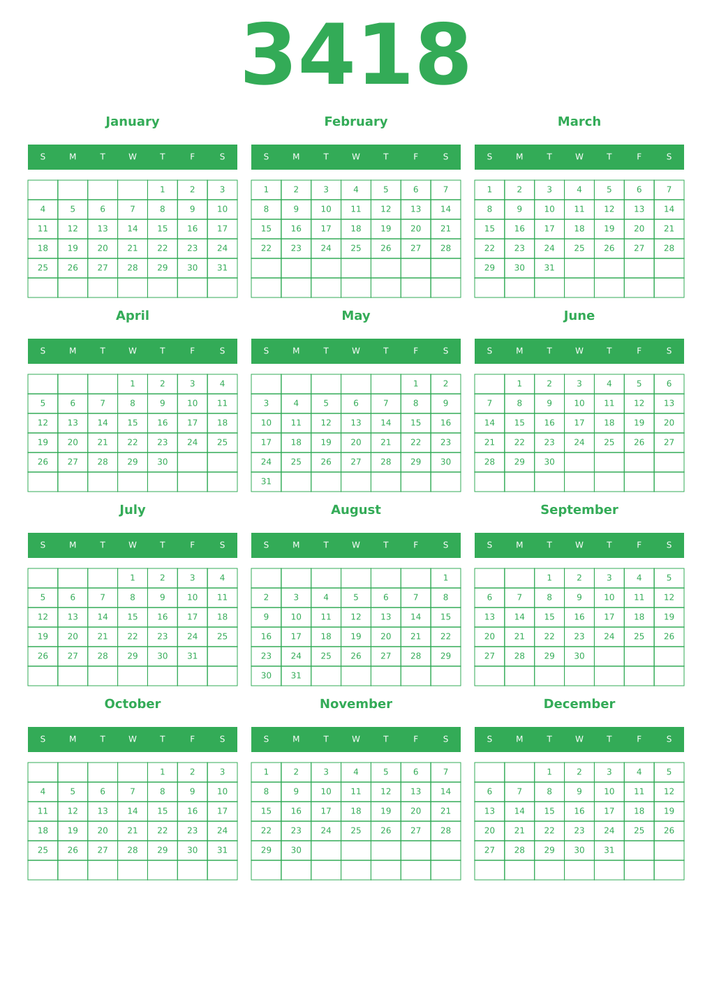 Printable 3418 Year Calendars green