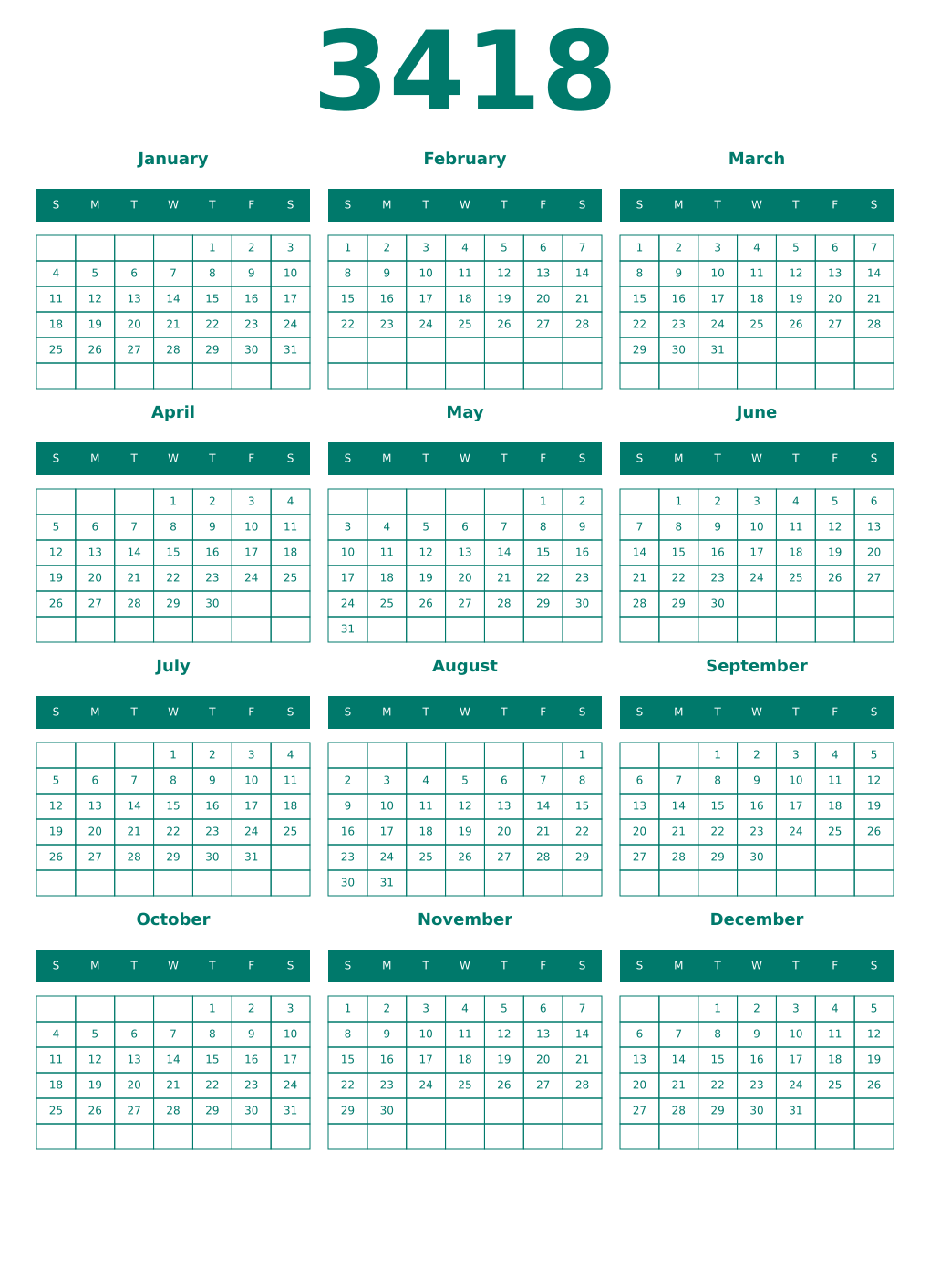Printable 3418 Year Calendars pastel