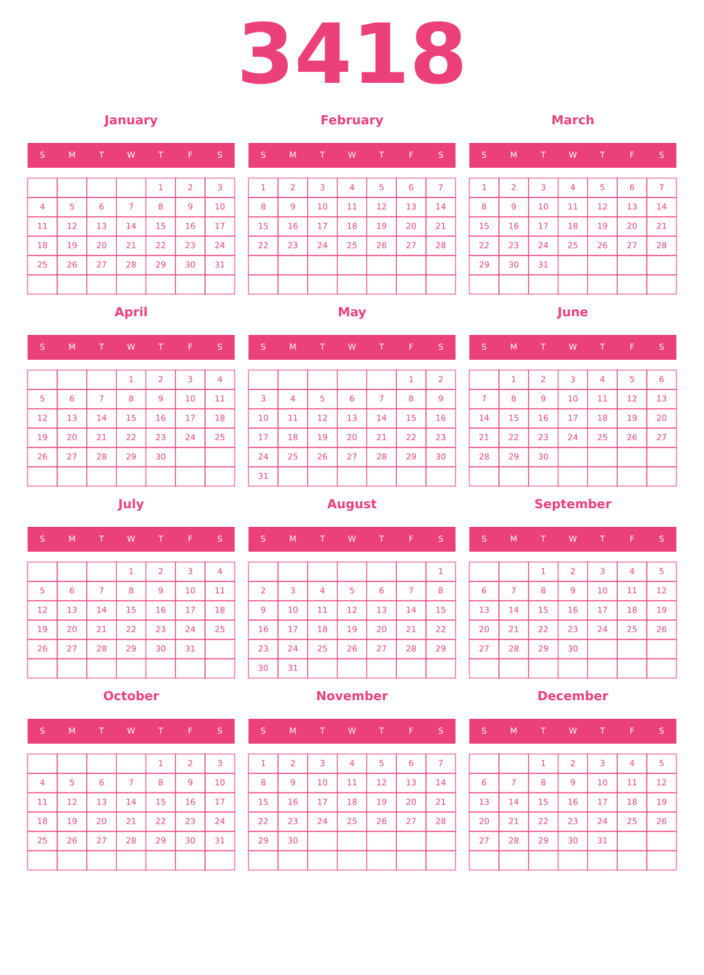 Printable 3418 Year Calendars pink