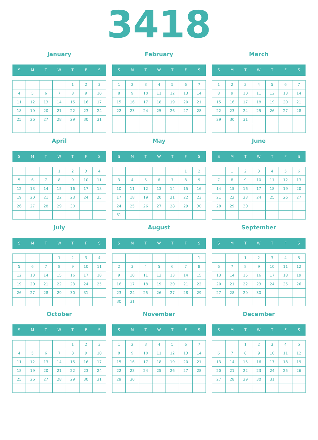 Printable 3418 Year Calendars verdigris