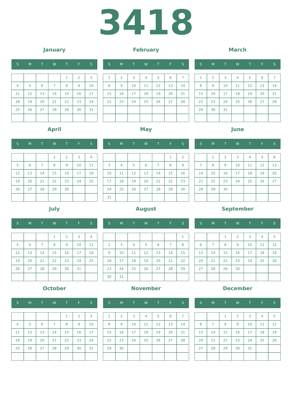 Printable 3418 Year Calendars viridian