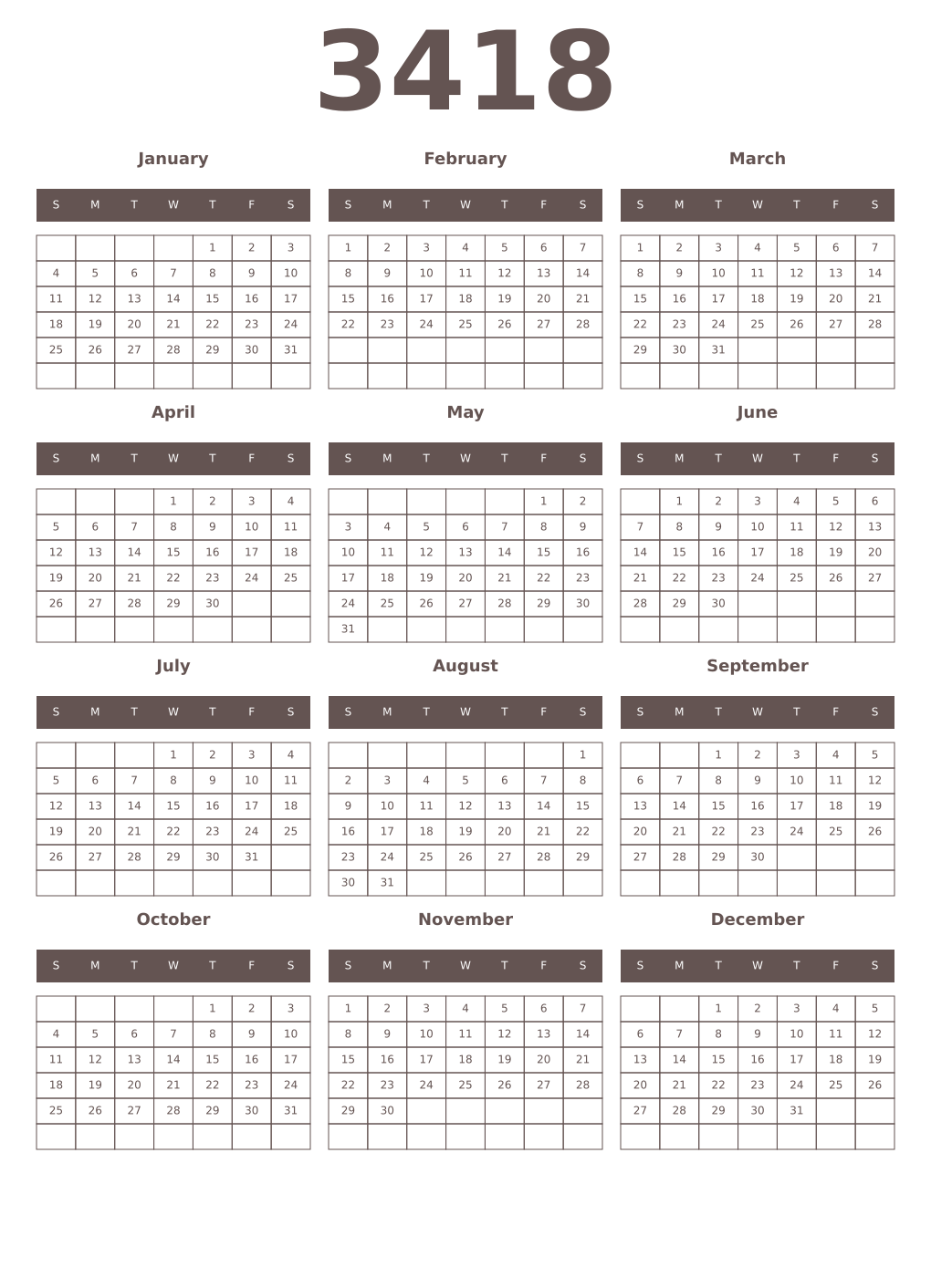 Printable 3418 Year Calendars wenge