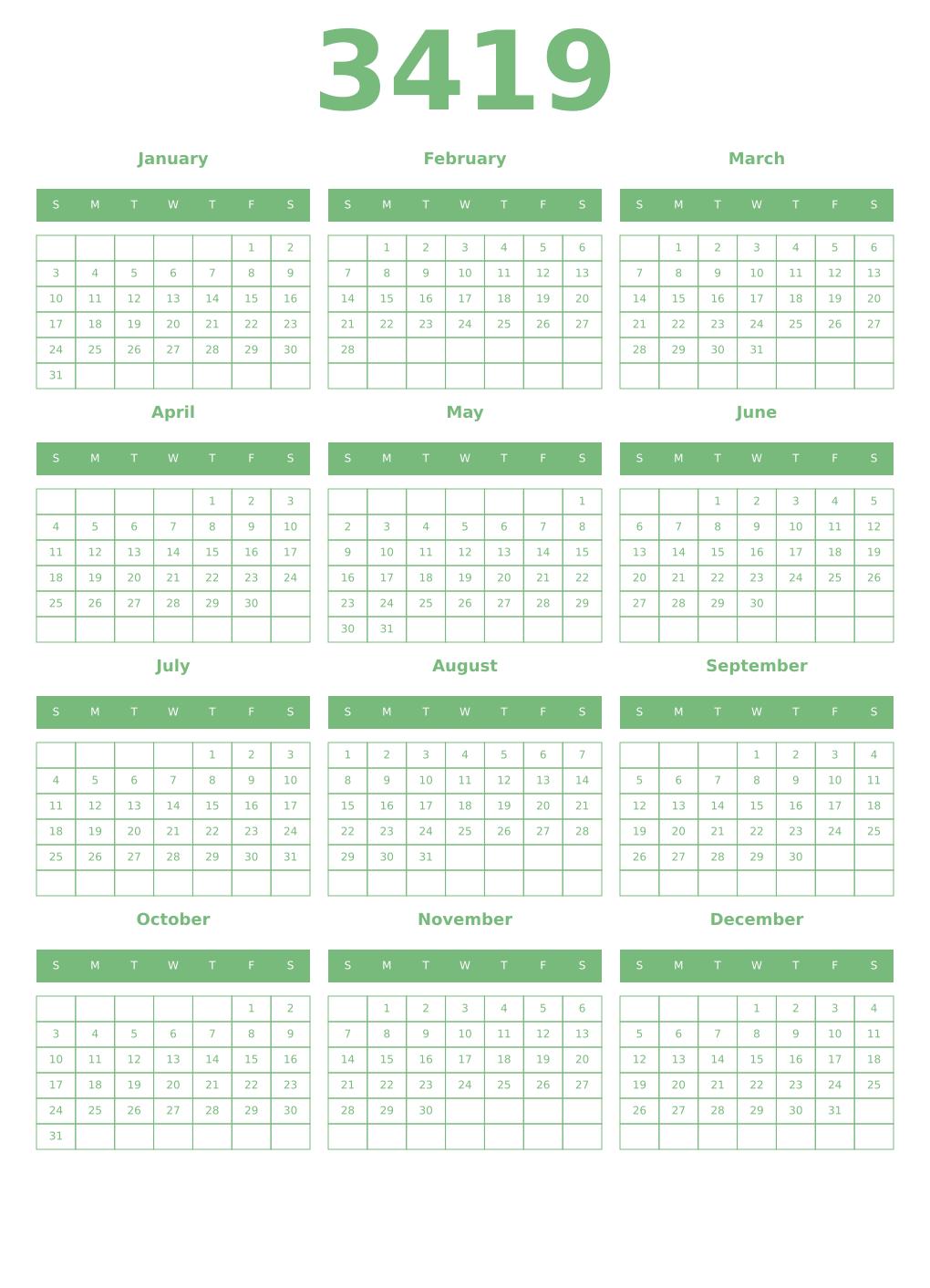 Printable 3419 Year Calendars celadon