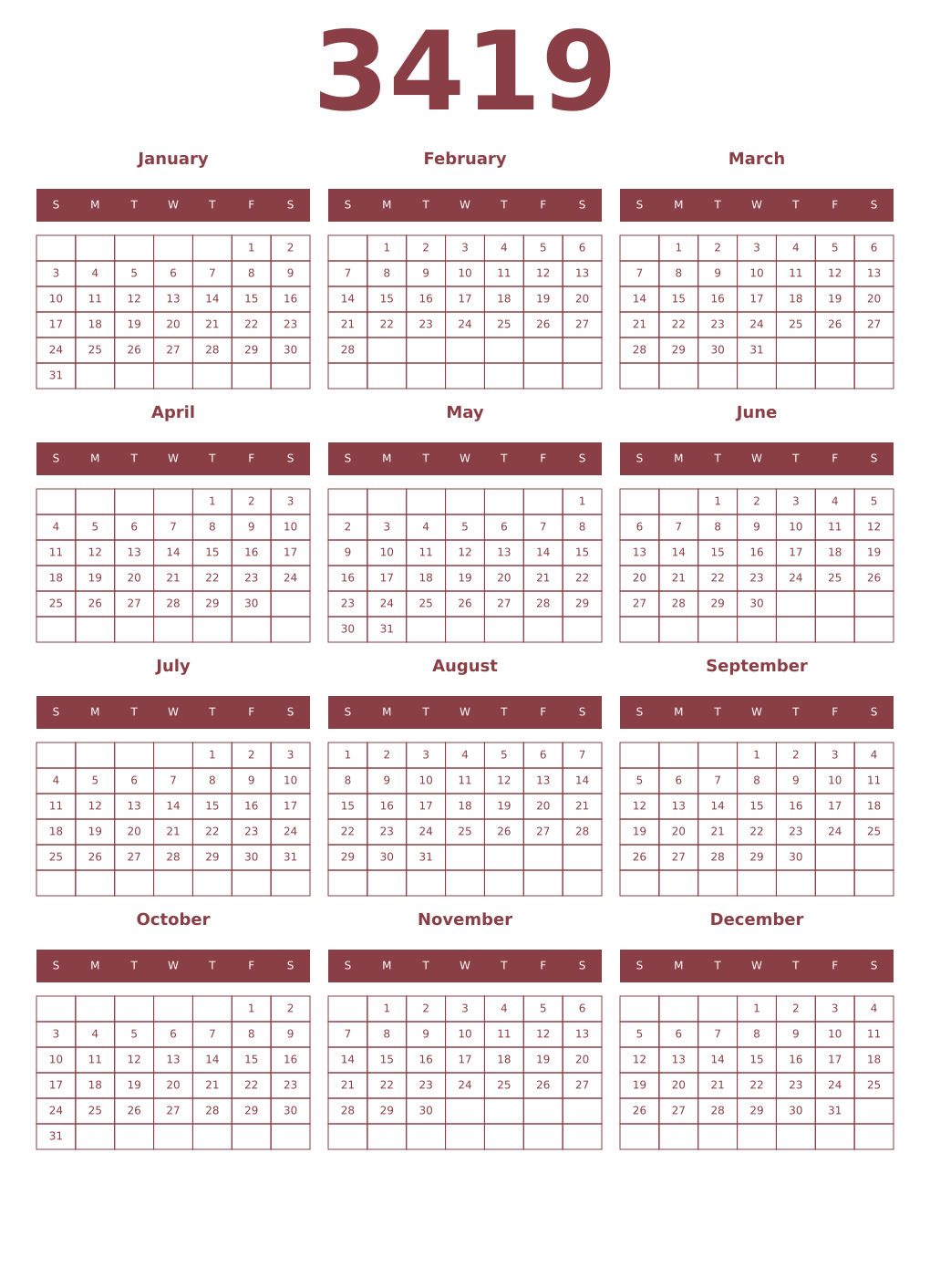 Printable 3419 Year Calendars cordovan