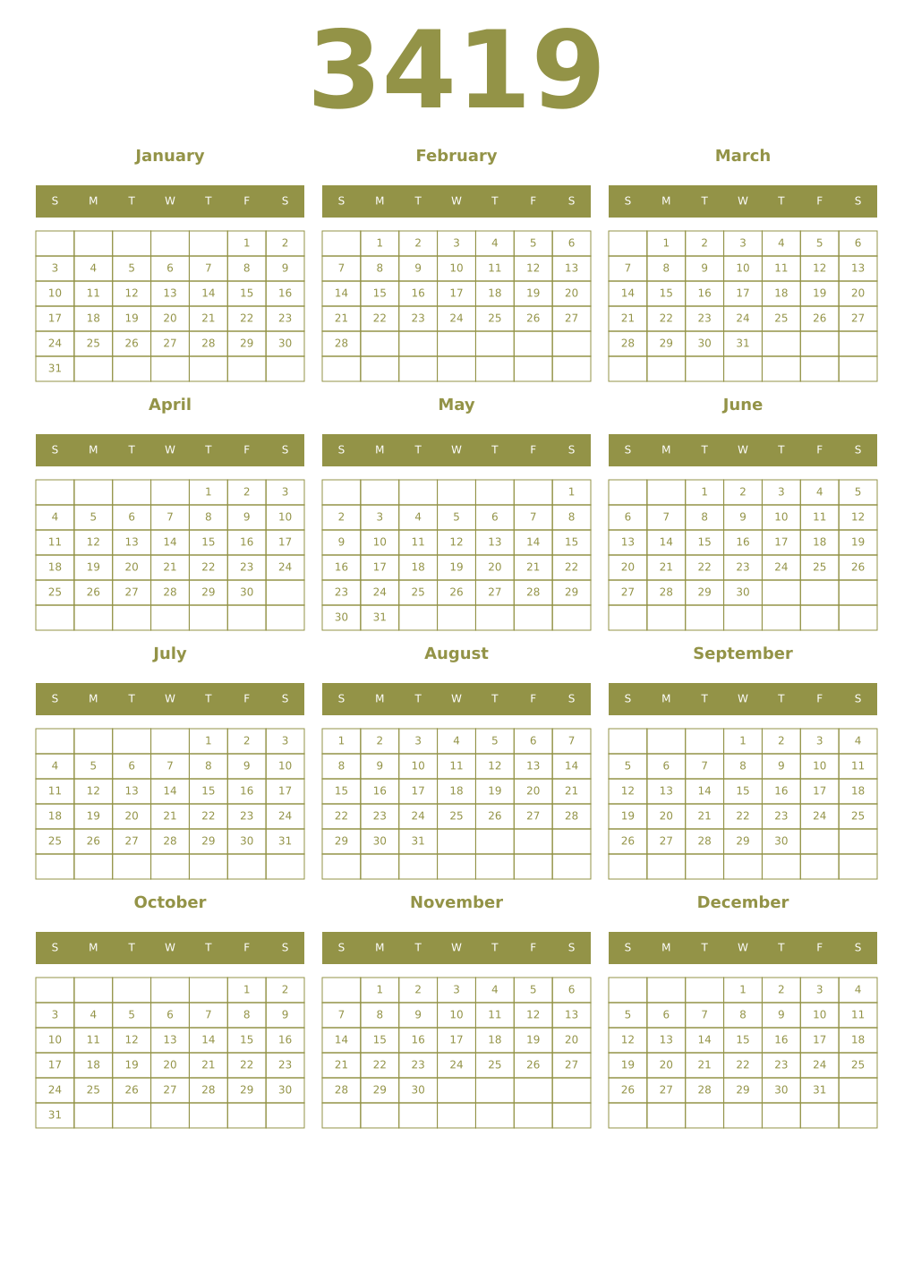 Printable 3419 Year Calendars eburnean