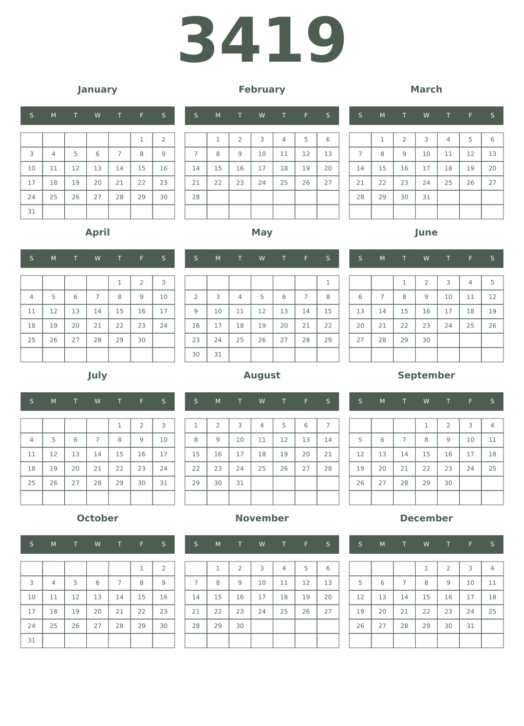 Printable 3419 Year Calendars feldgrau