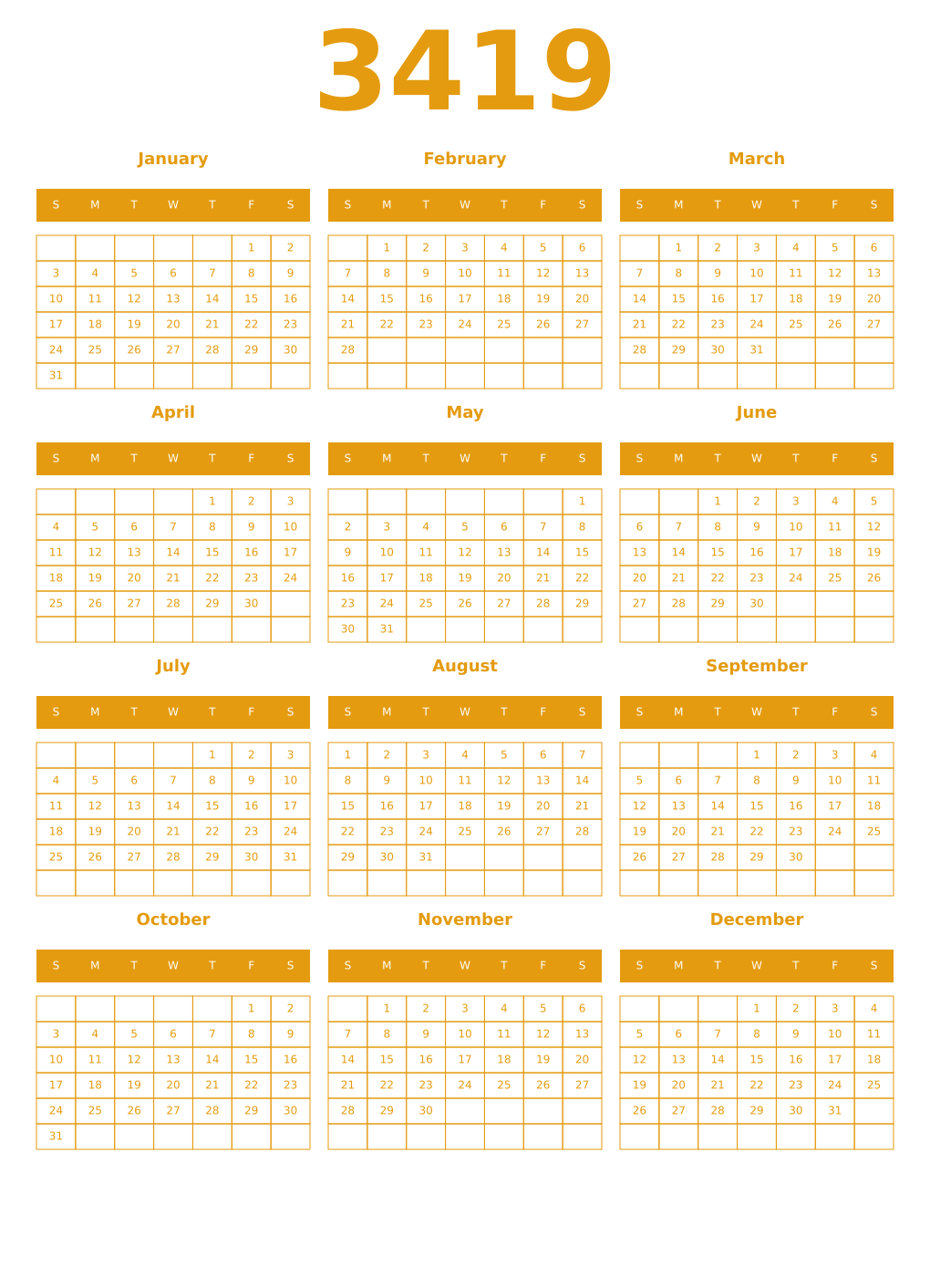 Printable 3419 Year Calendars gamboge