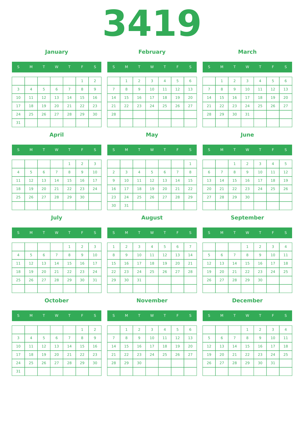 Printable 3419 Year Calendars green
