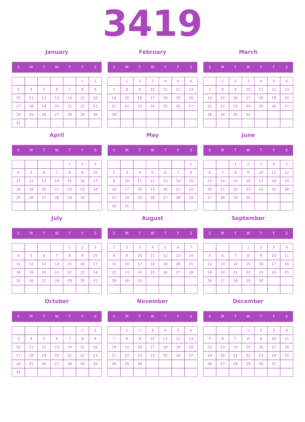 Printable 3419 Year Calendars purple
