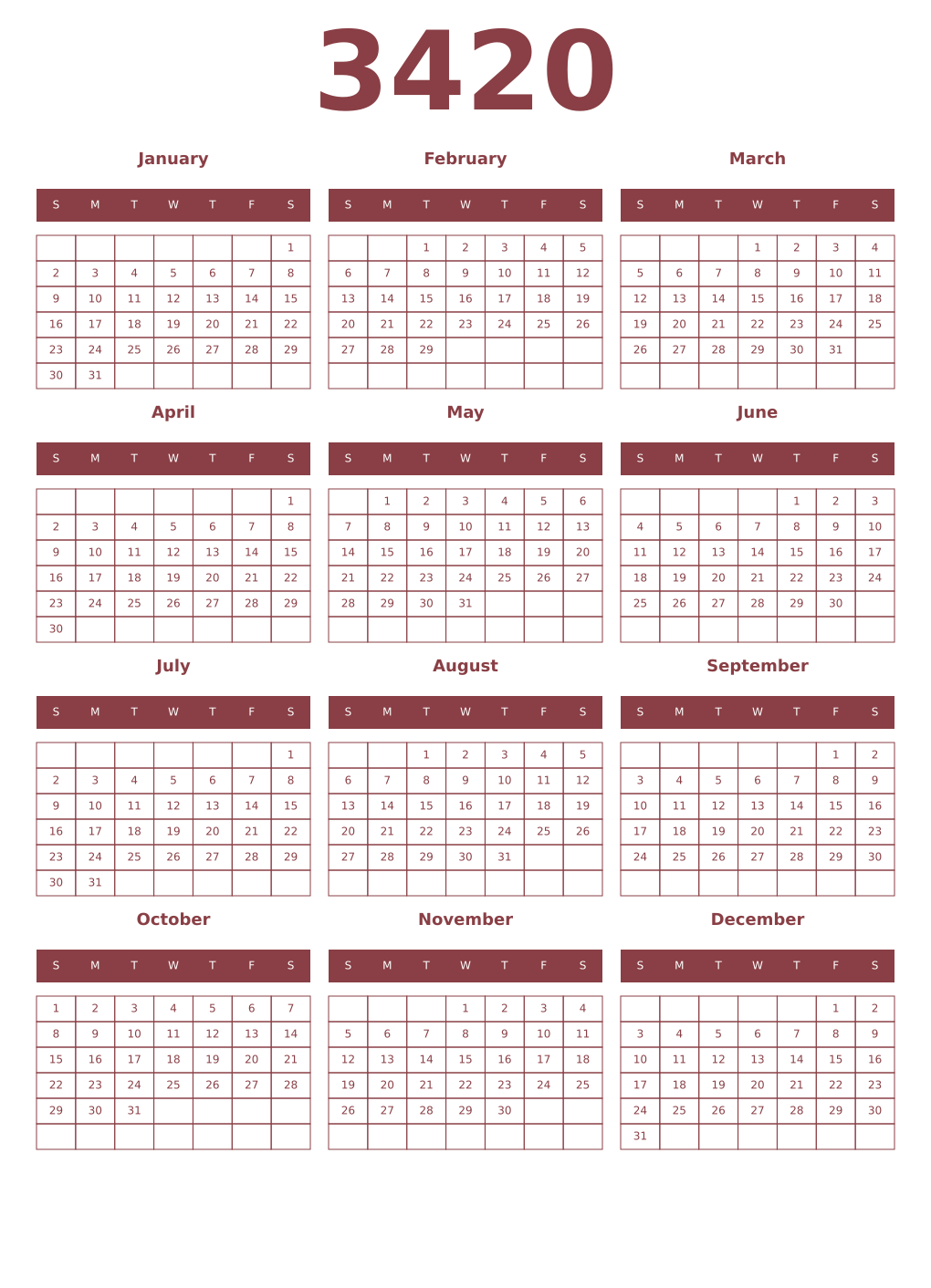 Printable 3420 Year Calendars cordovan