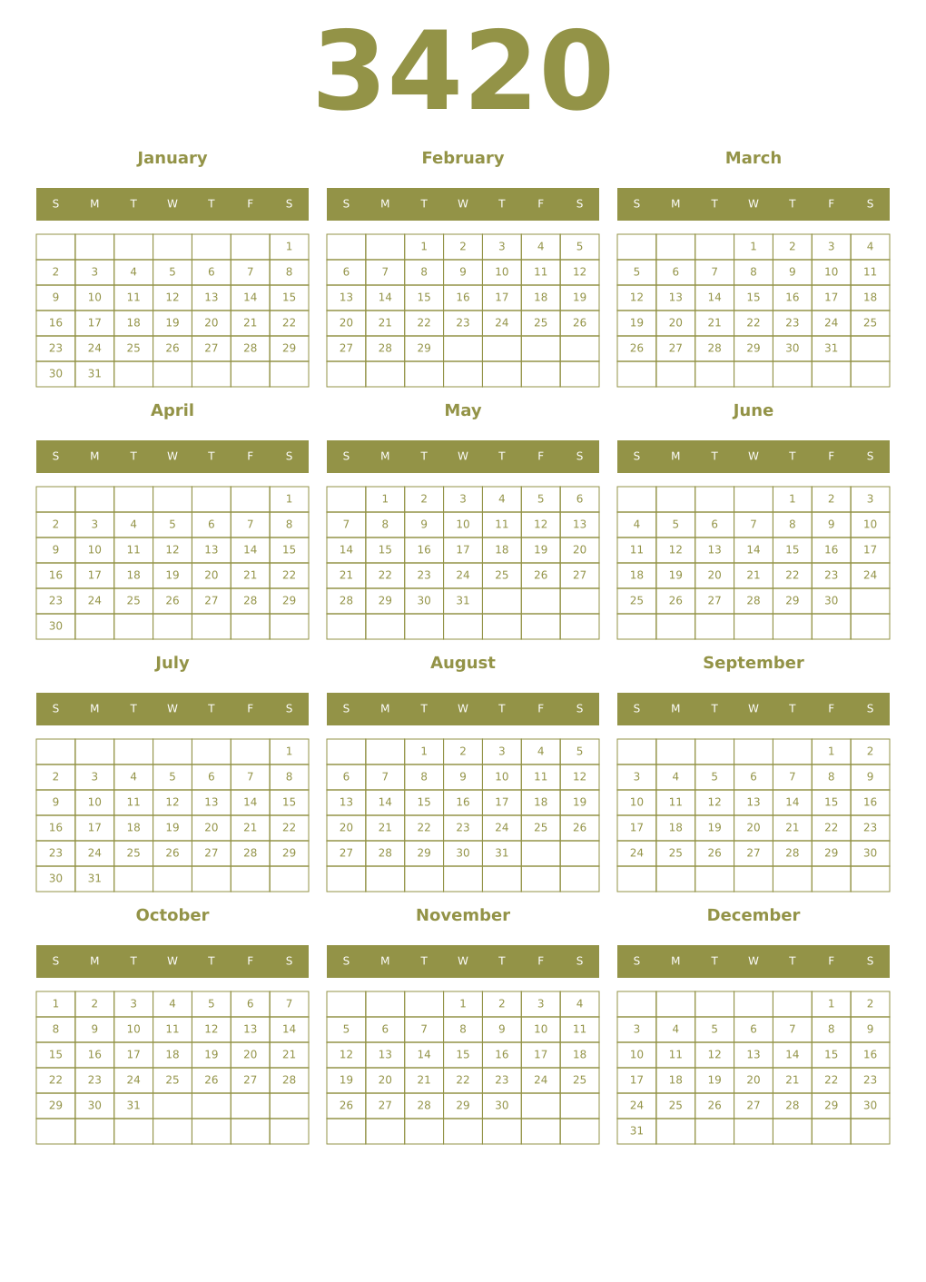Printable 3420 Year Calendars eburnean