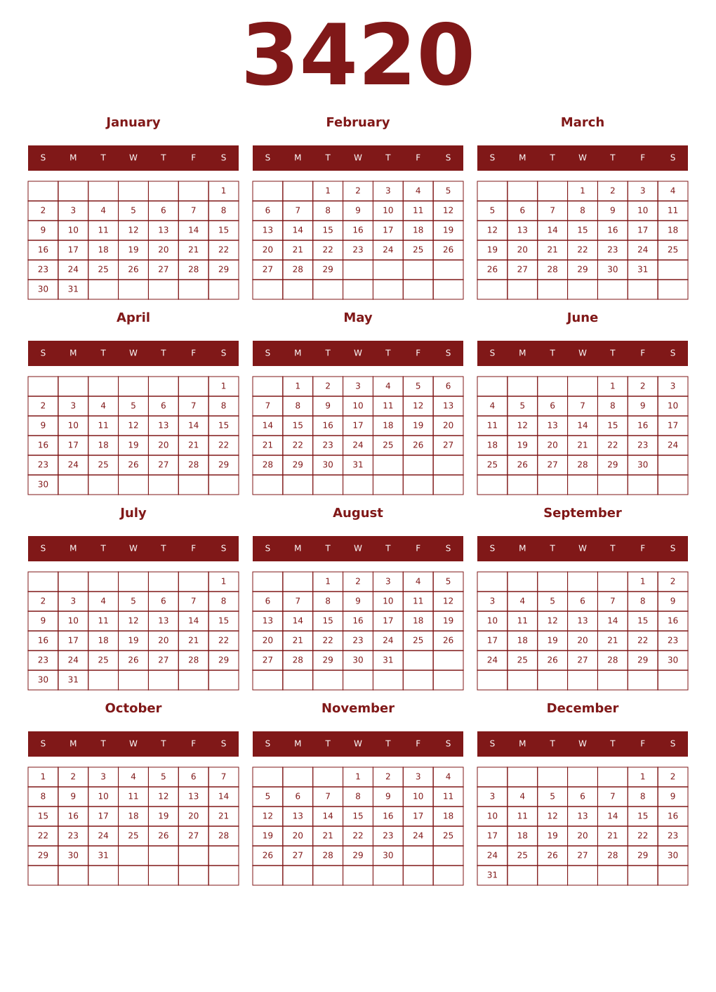 Printable 3420 Year Calendars falu