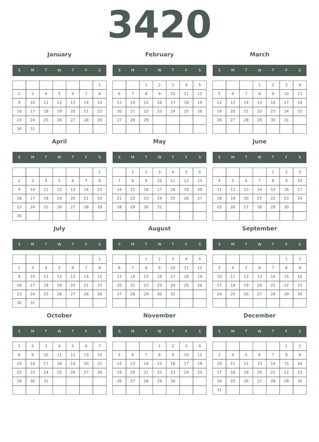 Printable 3420 Year Calendars feldgrau