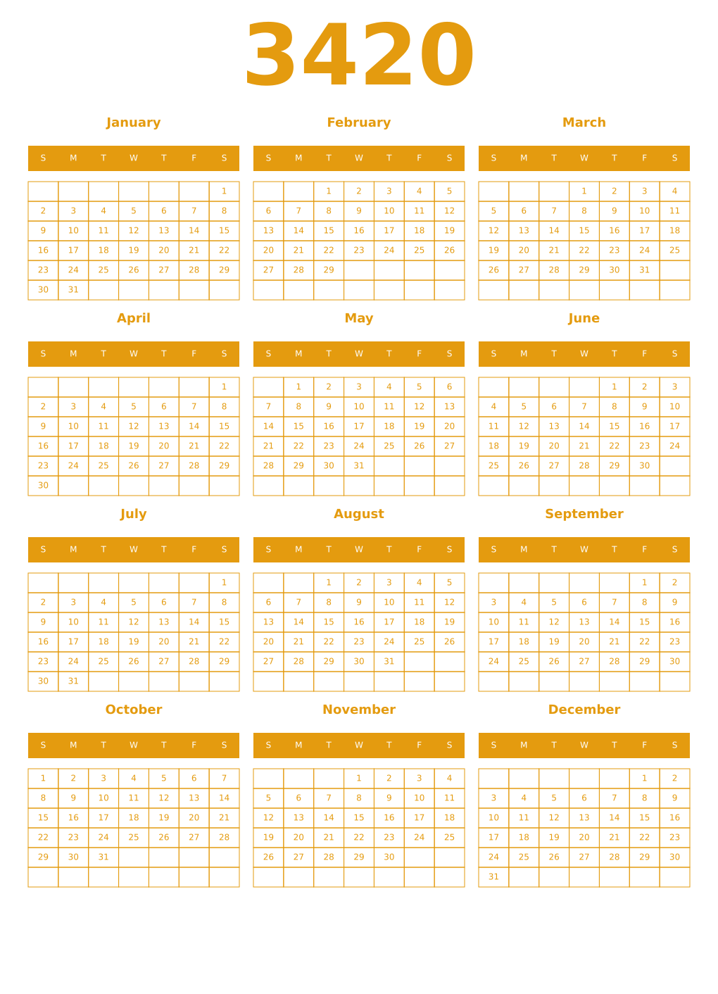 Printable 3420 Year Calendars gamboge